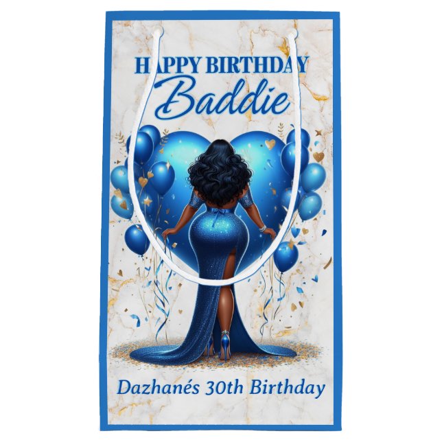 Curvy African American Woman Blue Birthday Baddie Small Gift Bag (Front)