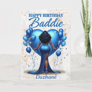 Curvy African American Woman Blue Glam Birthday Card