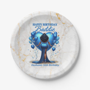 Curvy African American Woman Blue Glam Birthday Paper Plate