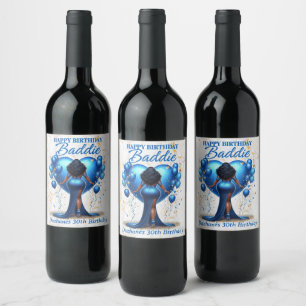 Curvy African American Woman Blue Glam Birthday  Wine Label