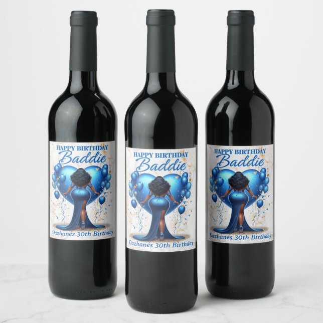 Curvy African American Woman Blue Glam Birthday  Wine Label (Bottles)