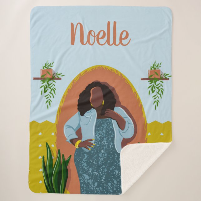Curvy, Black Woman, Houseplants, Mustard & Blue Sherpa Blanket (Front)