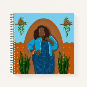 Curvy, Black Woman, Houseplants, Orange & Blue Notebook