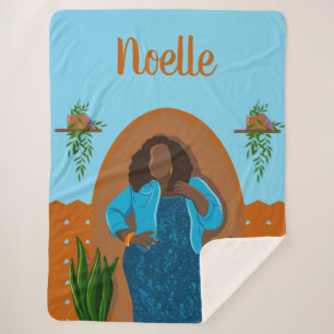 Curvy, Black Woman, Houseplants, Orange & Blue Sherpa Blanket