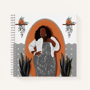 Curvy, Black Woman, Houseplants, Orange & Grey Notebook