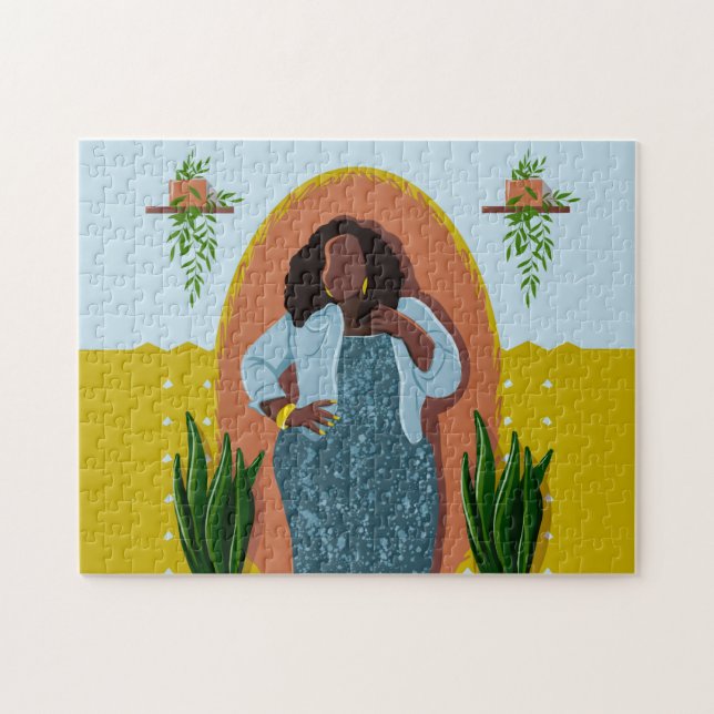 Curvy, Black Woman, Houseplants, Yellow & Blue Jigsaw Puzzle (Horizontal)