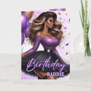 Curvy Glam African American Woman Purple Birthday Card