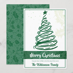 Curvy Lines Christmas Tree Holly Leaf Green White Holiday Card