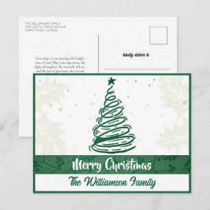 Curvy Lines Christmas Tree Holly Leaf Green White Holiday Postcard