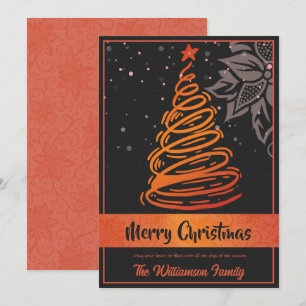 Curvy Lines Christmas Tree Poinsettia Red Black Holiday Card