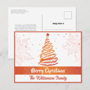 Curvy Lines Christmas Tree Poinsettia Red White Holiday Postcard
