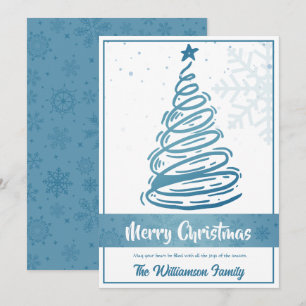 Curvy Lines Christmas Tree Snowflakes Blue White Holiday Card