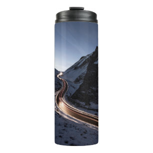 CURVY ROAD IN MIDDLE OF SNOW COVERED MOUNTAIN THERMAL TUMBLER