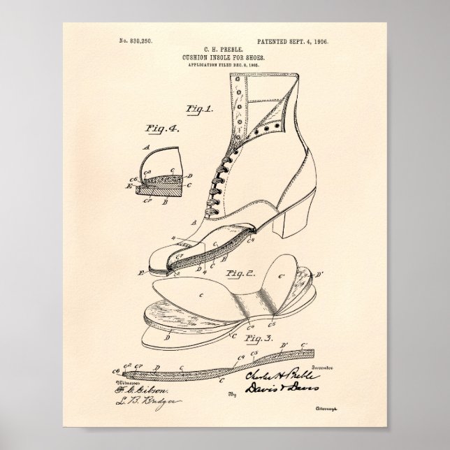 Cushion Insole Shoes 1906 Patent Art Old Peper Poster (Front)