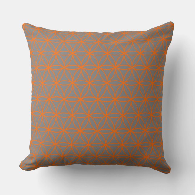 Cushion, Lotus Flower Graphic in Grey and Orange Cushion (Front)