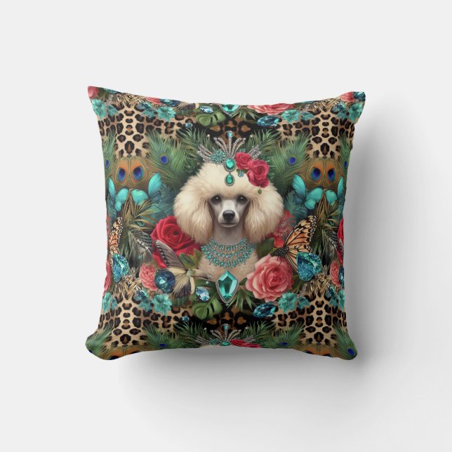 Cushion White Poodle Floral Leopard Print (Front)