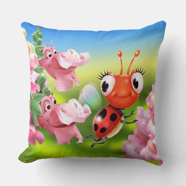 Cushion with cute Ladybug & friendly Snap Dragons (Front)