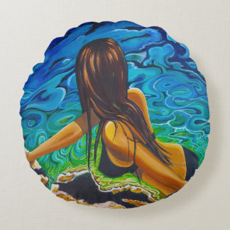 Cushion with unique painting of woman in rockpool