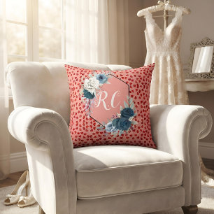 Cusotm Monogram Cute Red Heart & Dusty Blue Floral Cushion