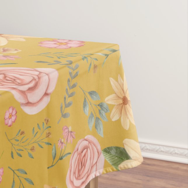 custard yellow Elegant Vintage Wildflower Pattern  Tablecloth (In Situ)