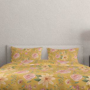 Custard Yellow Vintage Wildflower Rose Pattern Pillowcase