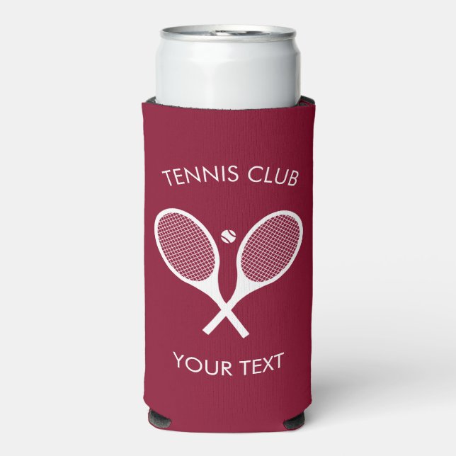 Custimizable Modern Burgundy White Tennis Racket  Seltzer Can Cooler (Seltzer Front)