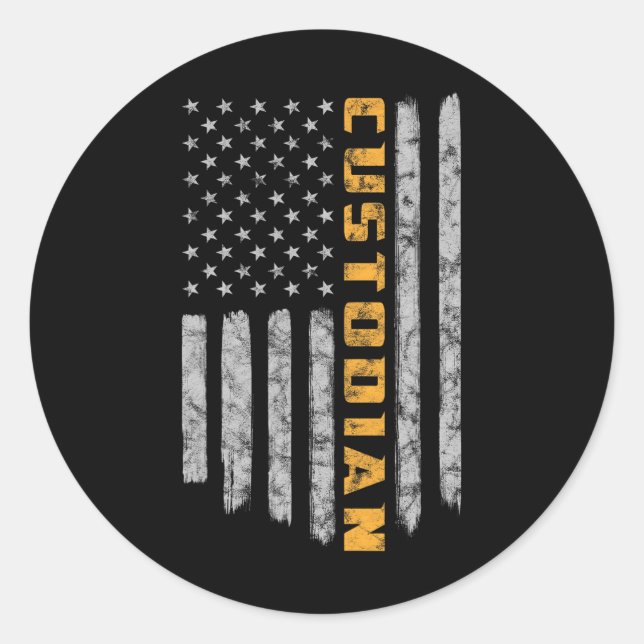 Custodian American Flag USA Janitor School  Classic Round Sticker (Front)