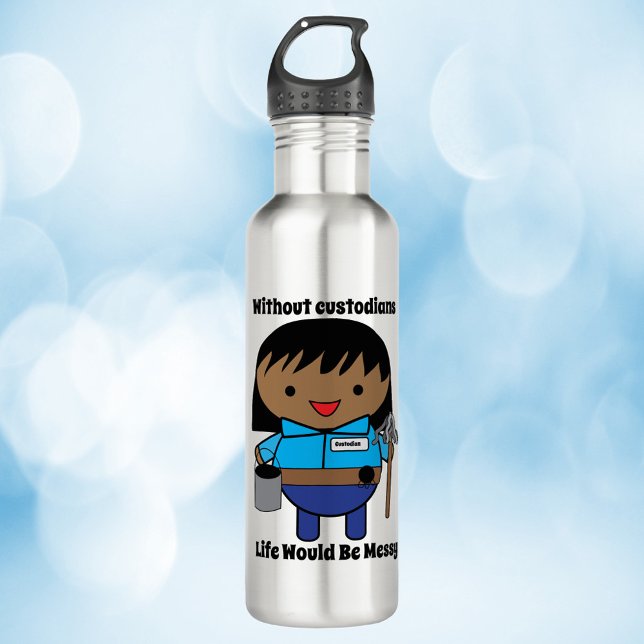 Custodian Janitor Black Female Kawaii 710 Ml Water Bottle (A water bottle with a black woman janitor and the text, "Without custodians life would be messy")