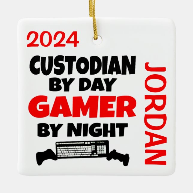 Custodian Loves Playing Video Games Ceramic Ornament (Front)
