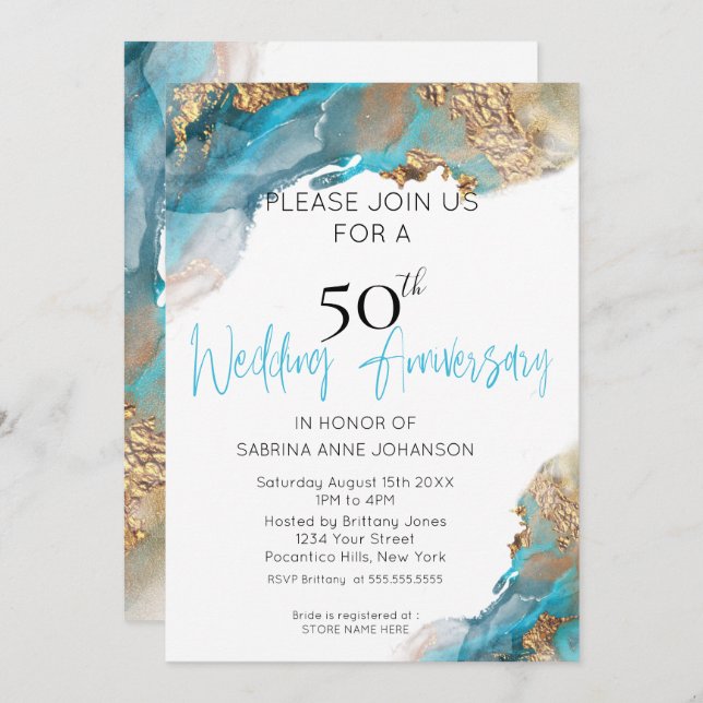 Custom2 50th W Anniversary  Teal and Gold Abstract Invitation (Front/Back)