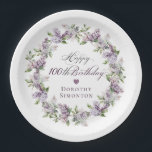 Custom 100th Birthday Purple Lilac Spring Flower Paper Plate<br><div class="desc">Add a special touch to your party decor with these personalised can coolers. They will make the birthday celebrant feel very special and look great in pictures. It takes only minutes to add the birthday celebrant's name. The soft watercolor lilac wreath is perfect for a spring birthday or a woman...</div>