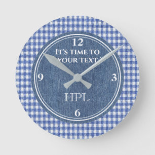Custom 10-in Blue & White Plaid, Denim Print Round Clock