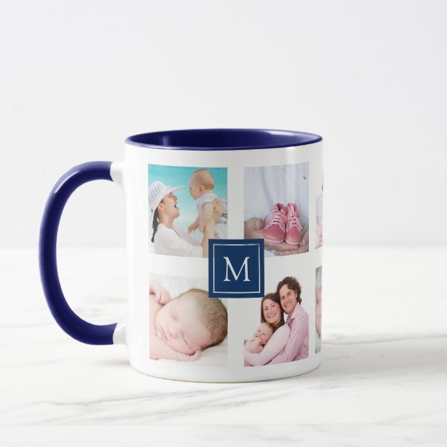 Custom 10 Photo Collage Dark Blue Monogram Mug (Left)