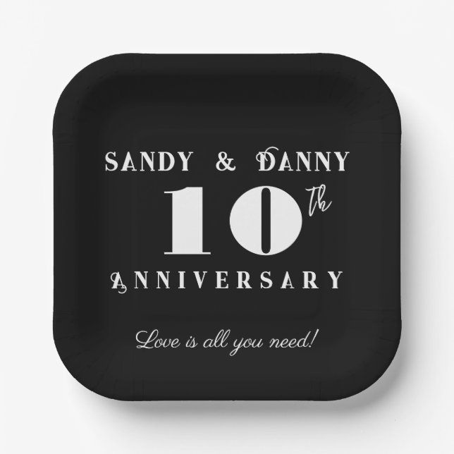 Custom 10th Anniversary script black white modern  Paper Plate (Front)