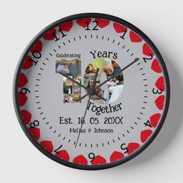 Custom 10th wedding anniversary 11 photo collage clock (Front)