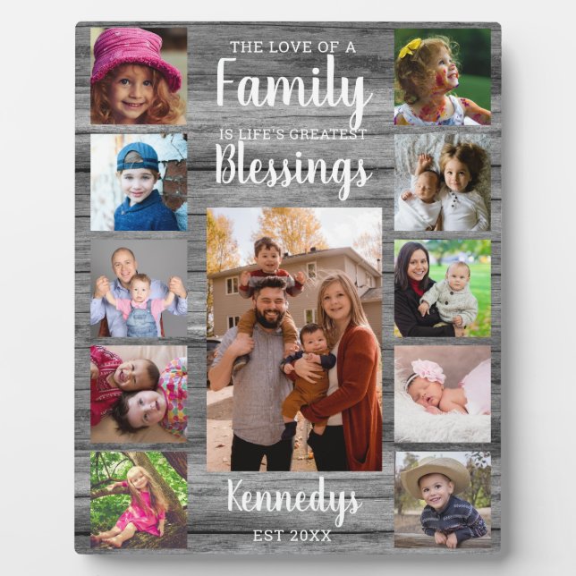 Custom 11 Photo Collage Family Quote Grey Wood  Plaque (Front)
