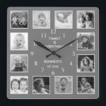 Custom 12 Black And White Photo Collage  Grey Square Wall Clock<br><div class="desc">Create your own photo collage wall clock with 12 of your favourite pictures in black and white. The photo frame clock helps you treasure your special moments and also makes a thoughtful gift for parents, grandparents and friends. The personalised family clock makes it a perfect gift for all occasions. Personalise...</div>