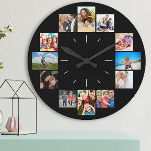 Custom 12 Family Memories Photo Collage Black Large Clock