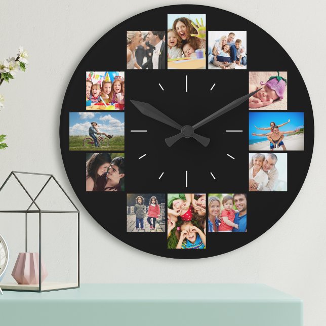 Custom 12 Family Memories Photo Collage Black Large Clock (Creator Uploaded)