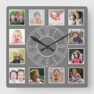 Custom 12 Family Photo Collage Gray Roman Numeral Square Wall Clock