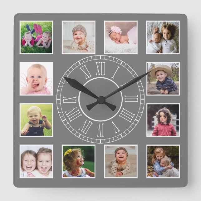 Custom 12 Family Photo Collage Gray Roman Numeral Square Wall Clock (Front)