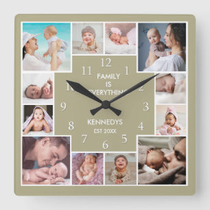 Custom 12 Family Photo Collage  Quote Sage Green Square Wall Clock