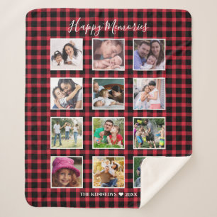 Custom 12 Family Photo Collage Red Buffalo Plaid Sherpa Blanket