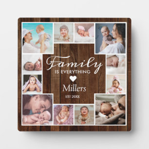 Custom 12 Family Photo Collage Rustic Brown Wood Plaque