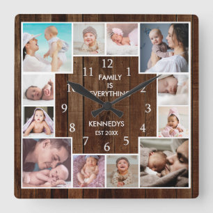 Custom 12 Family Photo Collage Rustic Brown Wood Square Wall Clock