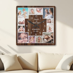 Custom 12 Family Photo Collage Rustic Brown Wood Square Wall Clock