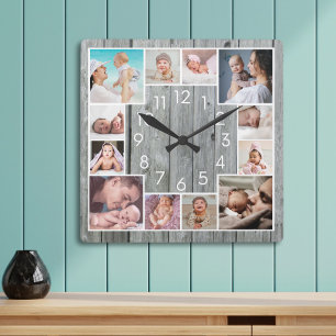 Custom 12 Family Photo Collage Rustic Gray Wood Square Wall Clock