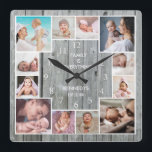 Custom 12 Family Photo Collage Rustic Grey Wood Square Wall Clock<br><div class="desc">Create your own photo collage wall clock with 12 of your favourite pictures. The photo frame clock helps you treasure your special moments and also makes a thoughtful gift for parents, grandparents and friends. The personalised family clock makes it a perfect gift for all occasions. Personalise with family name and...</div>