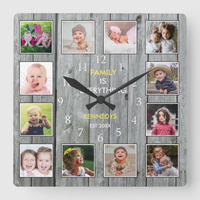 Custom 12 Family  Photo Collage Rustic Grey Wood Square Wall Clock (Front)
