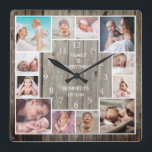 Custom 12 Family Photo Collage Rustic Wood   Square Wall Clock<br><div class="desc">Create your own photo collage wall clock with 12 of your favourite pictures. The photo frame clock helps you treasure your special moments and also makes a thoughtful gift for parents, grandparents and friends. The personalised family clock makes it a perfect gift for all occasions. Personalise with family name and...</div>